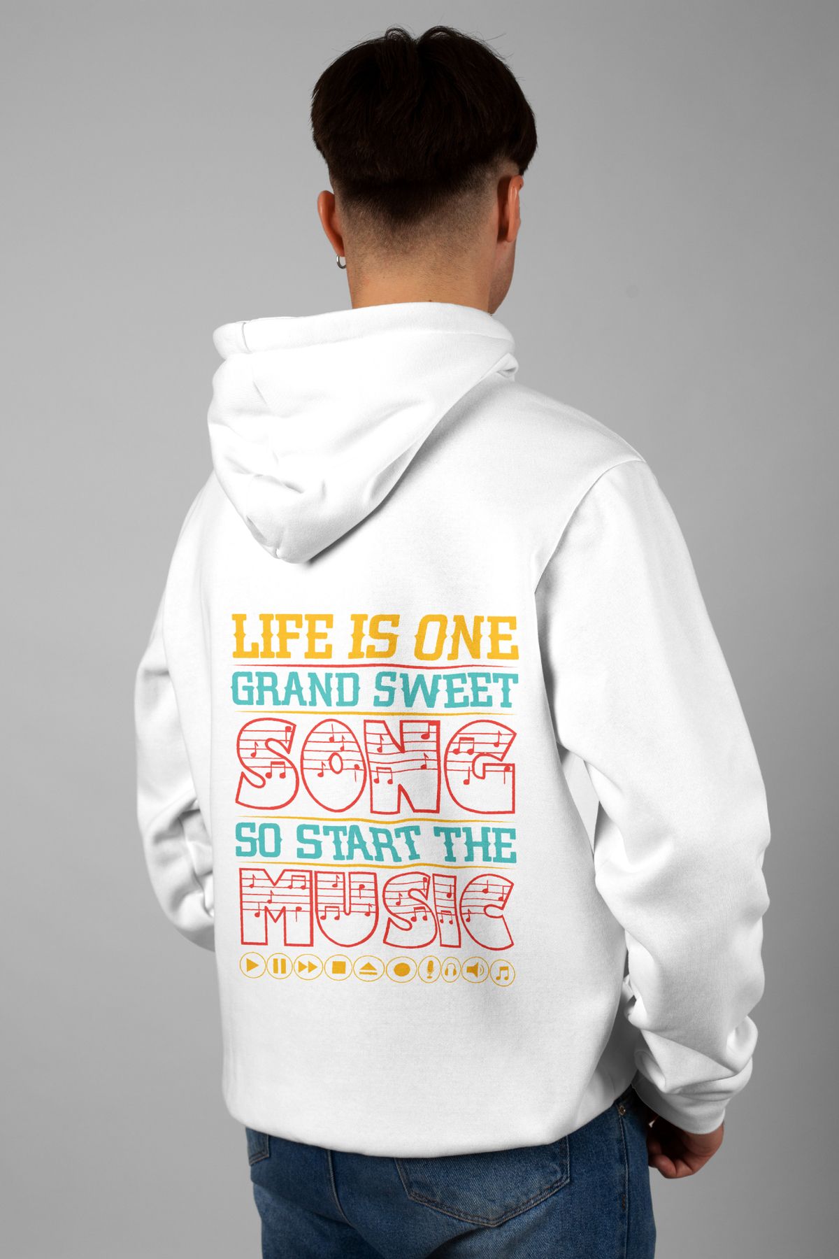 Zestia Unisex Hoodie, Life İs One Grand Sırt Baskılı, Regular,%100 Pamuk, Beyaz Renk Kapşonlu No: 0295