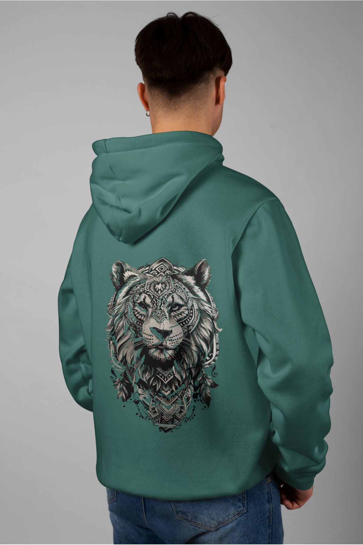 Zestia Unisex Hoodie, Aslan Sırt Baskılı, Regular,%100 Pamuk, Yeşil Renk Kapşonlu No: 0072