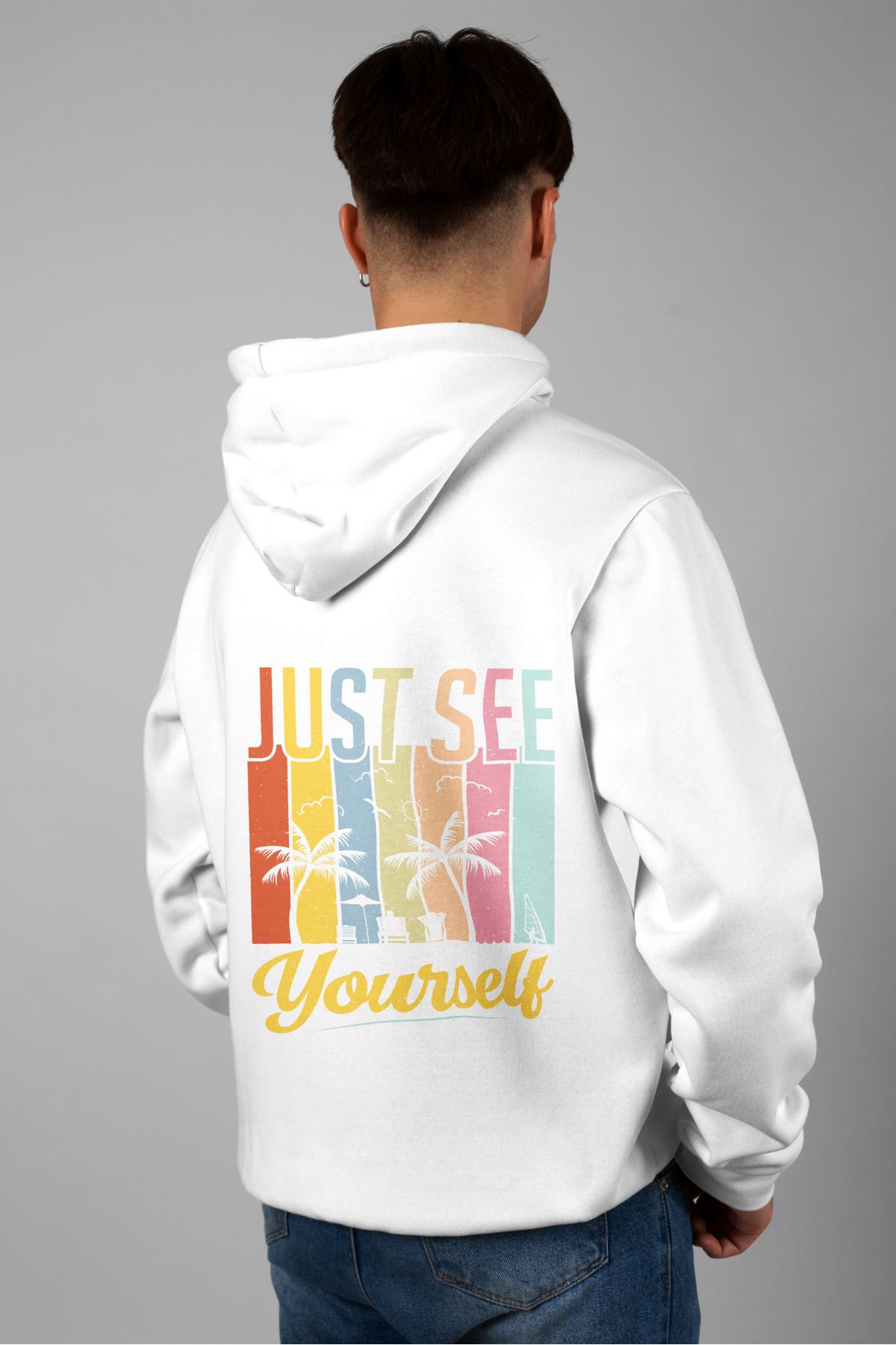 Zestia Unisex Hoodie, Just Sea Yourself Sırt Baskılı, Regular,%100 Pamuk, Beyaz Renk Kapşonlu No: 0270