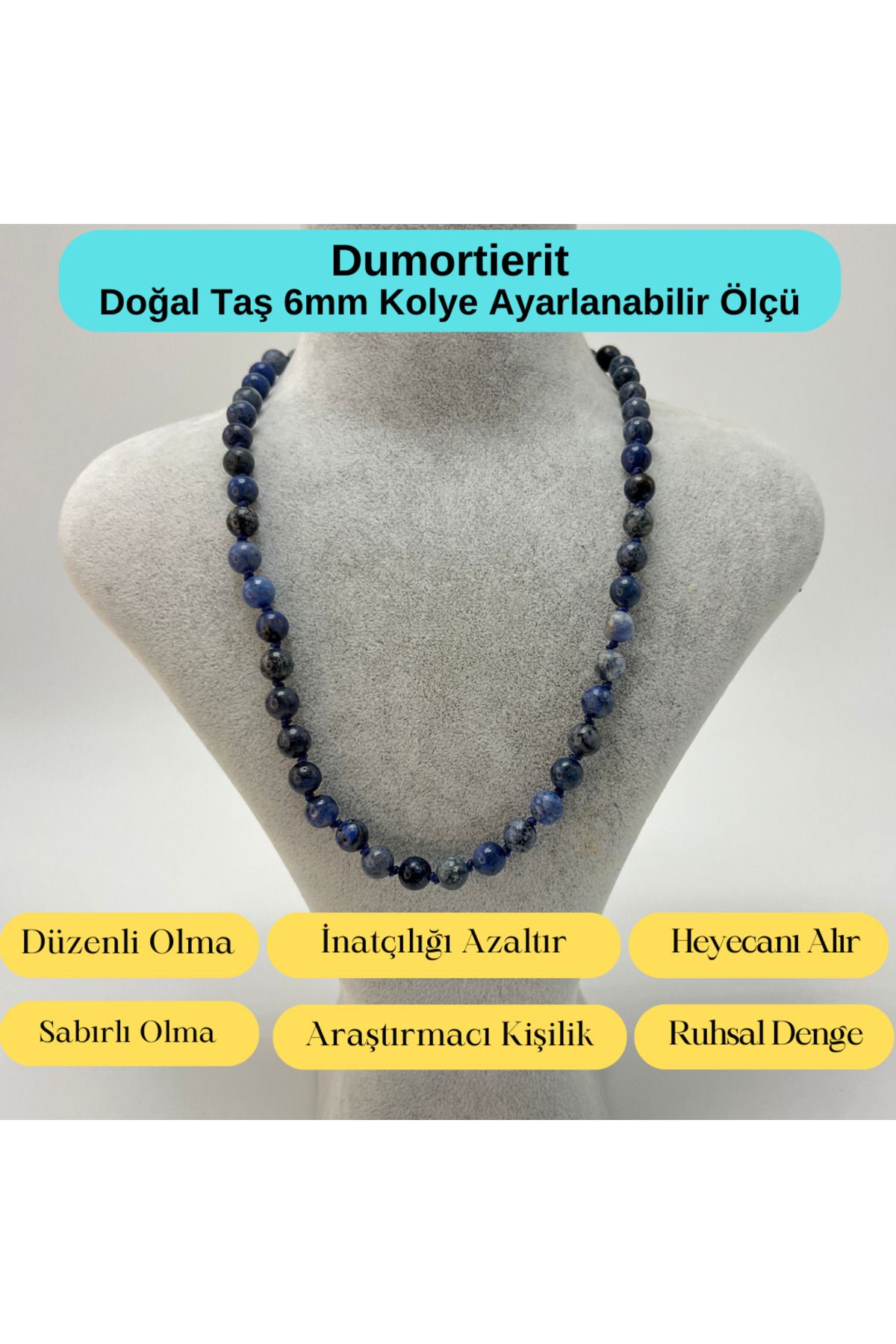 YILDIZ DOĞAL TAŞ SERTİFİKALI Dumortierit Doğal Taş 6mm Makrome Kolye 45cm- 55cm Ayarlanabilir Ölçü