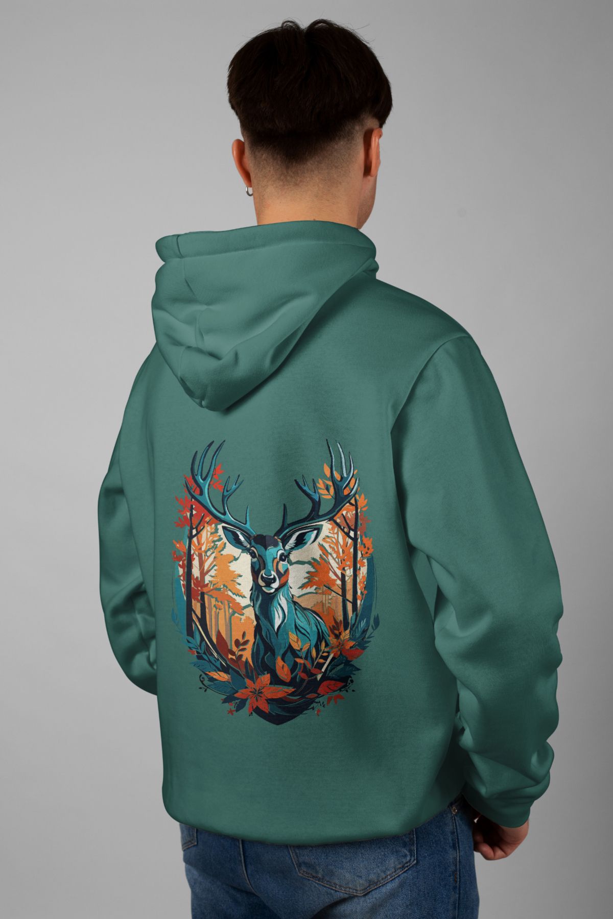 Zestia Unisex Hoodie, Geyik Sırt Baskılı, Regular,%100 Pamuk, Yeşil Renk Kapşonlu No: 0075