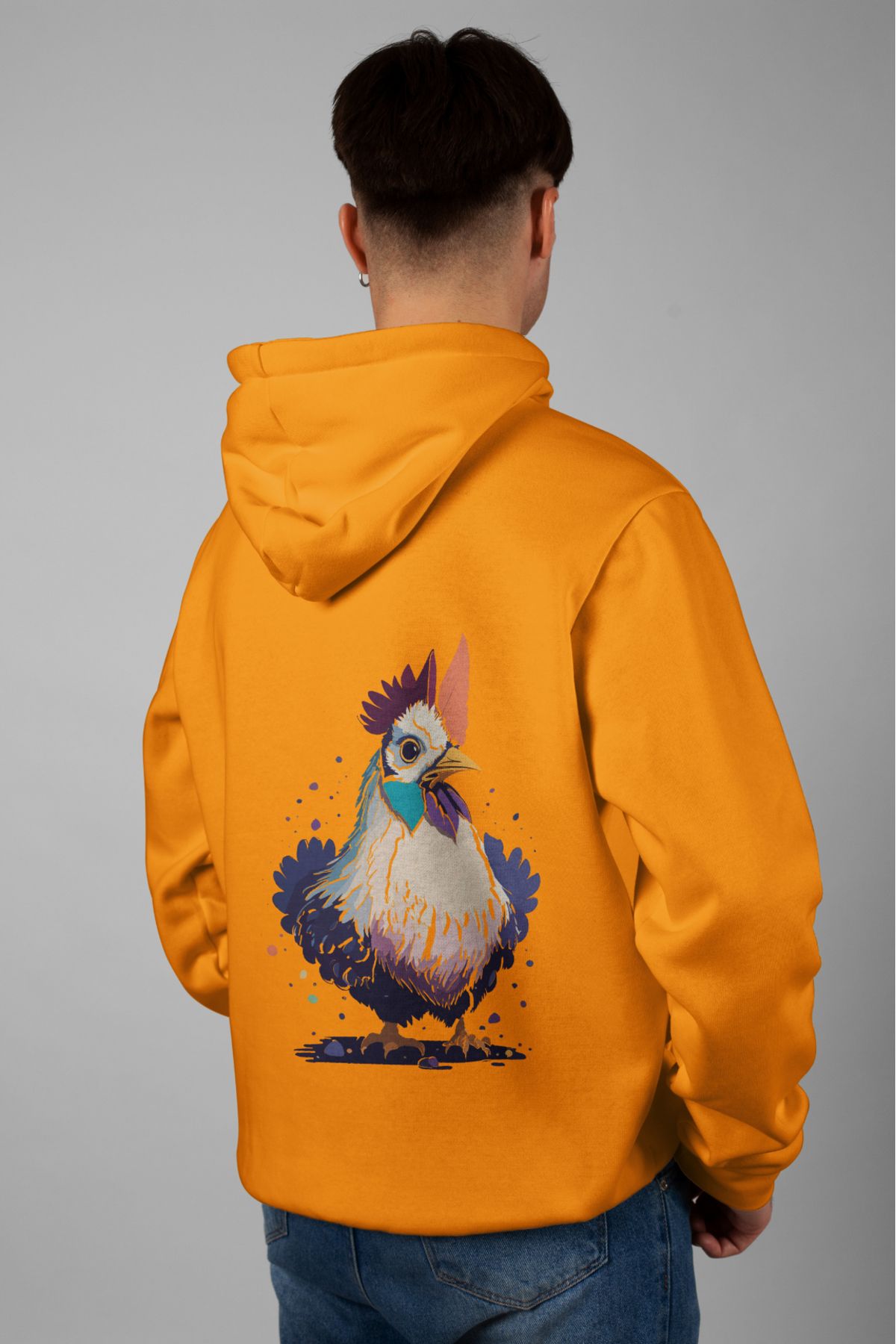 Zestia Unisex Hoodie, Şaşkın Tavuk Sırt Baskılı, Regular,%100 Pamuk, Turuncu Renk Kapşonlu No: 0087