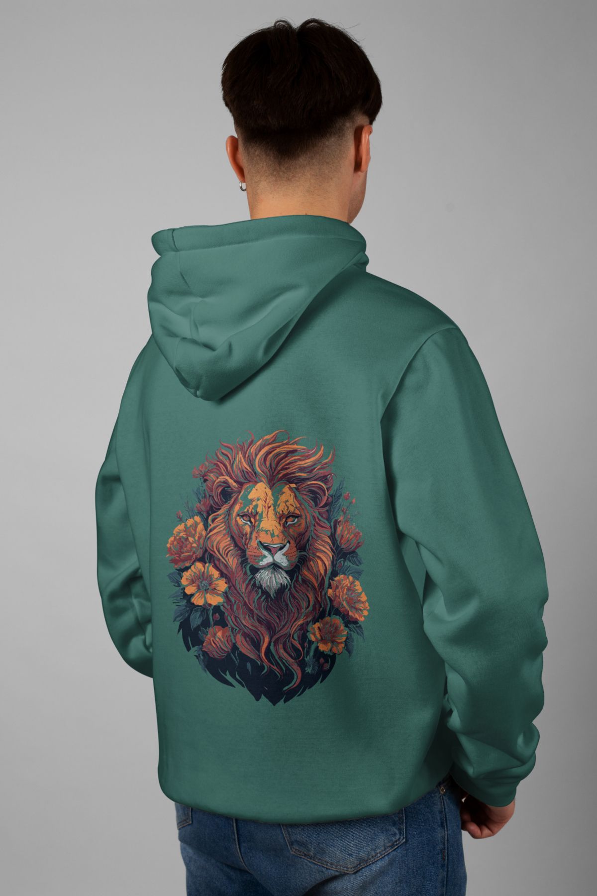 Zestia Unisex Hoodie, Aslan Sırt Baskılı, Regular,%100 Pamuk, Yeşil Renk Kapşonlu No: 0018