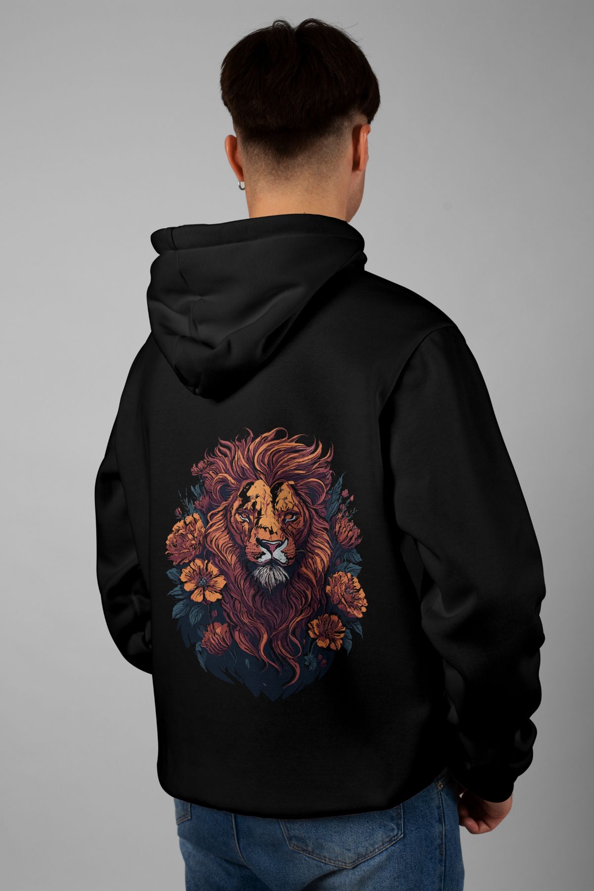 Zestia Unisex Hoodie, Aslan Sırt Baskılı, Regular,%100 Pamuk, Siyah Renk Kapşonlu No: 0018