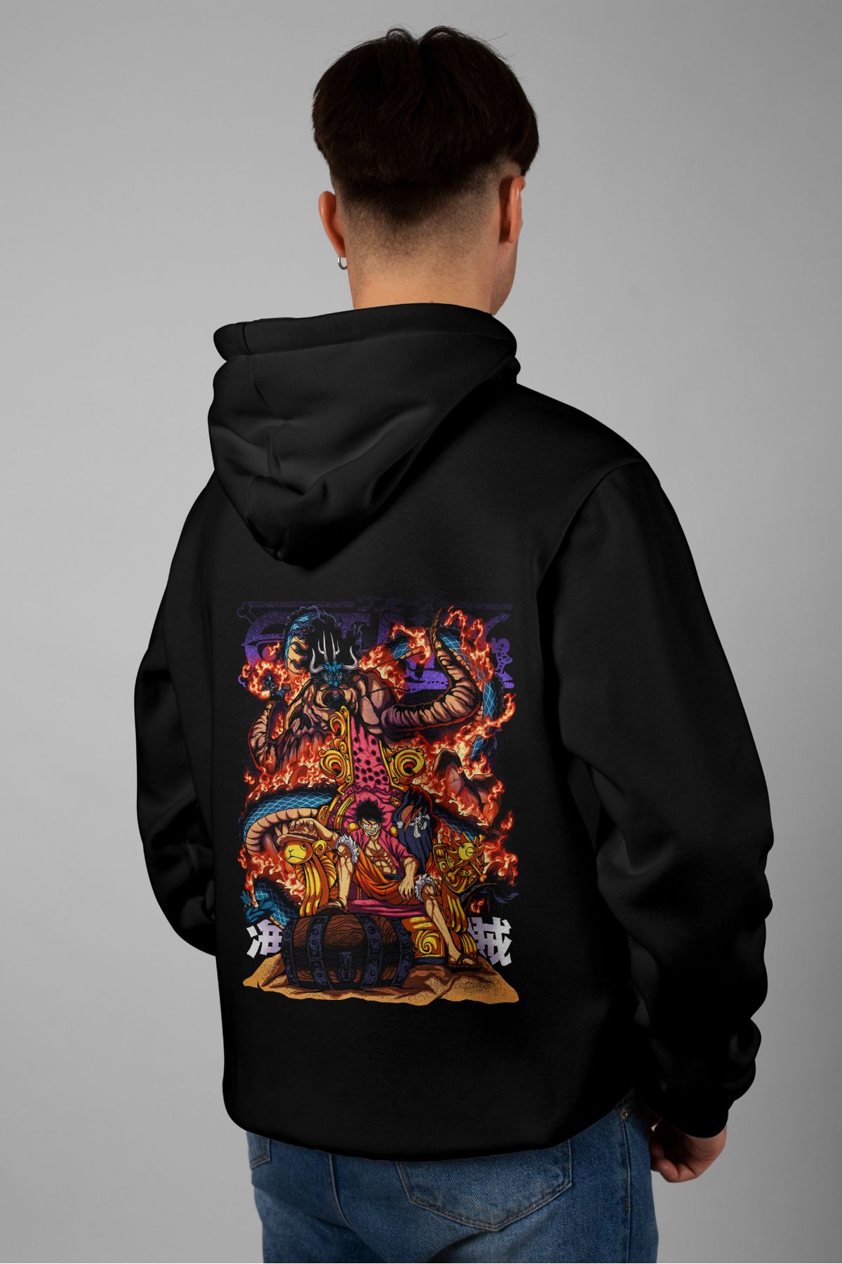 Zestia Unisex Hoodie, Monkey D. Luffy Sırt Baskılı, Regular,%100 Pamuk, Siyah Renk Kapşonlu No: 0190