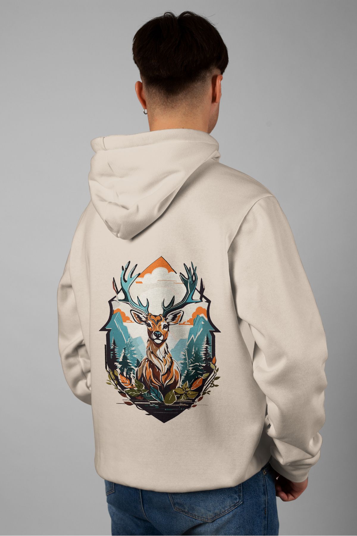 Zestia Unisex Hoodie, Geyik Sırt Baskılı, Regular,%100 Pamuk, Krem Renk Kapşonlu No: 0025