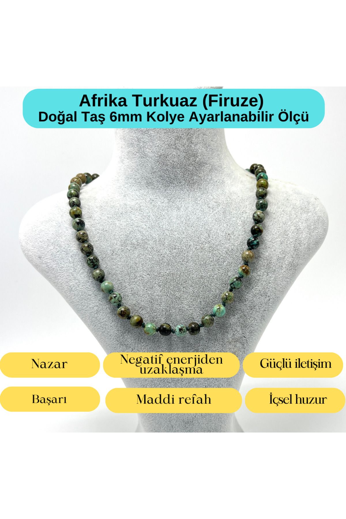 YILDIZ DOĞAL TAŞ SERTİFİKALI Afrika Turkuaz (Firuze) Doğal Taş 6mm Makrome Kolye 45cm- 55cm Ayarlanabilir Ölçü