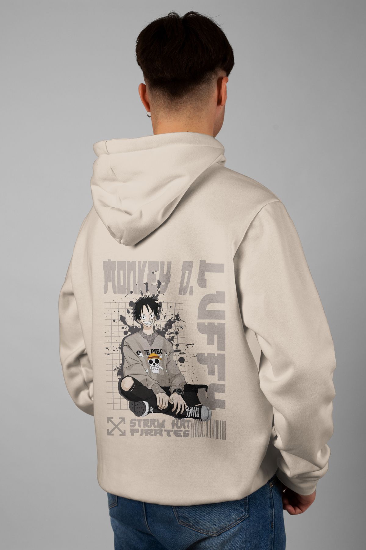 Zestia Unisex Hoodie, Monkey D. Luffy Sırt Baskılı, Regular,%100 Pamuk, Krem Renk Kapşonlu No: 0198