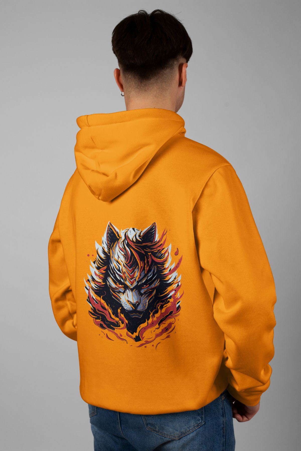 Zestia Unisex Hoodie, Kızgın Kurt Sırt Baskılı, Regular,%100 Pamuk, Turuncu Renk Kapşonlu No: 0090