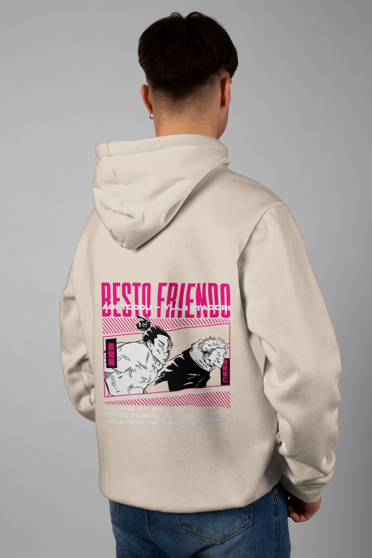 Zestia Unisex Hoodie, Yuji Itadori Sırt Baskılı, Regular,%100 Pamuk, Krem Renk Kapşonlu No: 0160