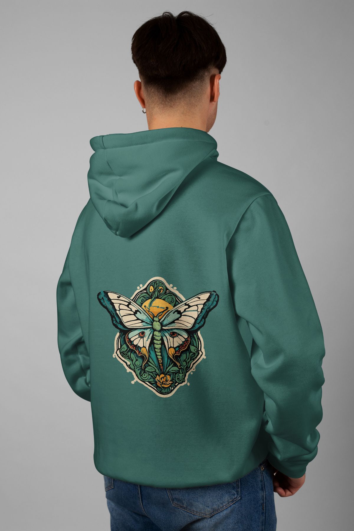 Zestia Unisex Hoodie, Kelebek Sırt Baskılı, Regular,%100 Pamuk, Yeşil Renk Kapşonlu No: 0047