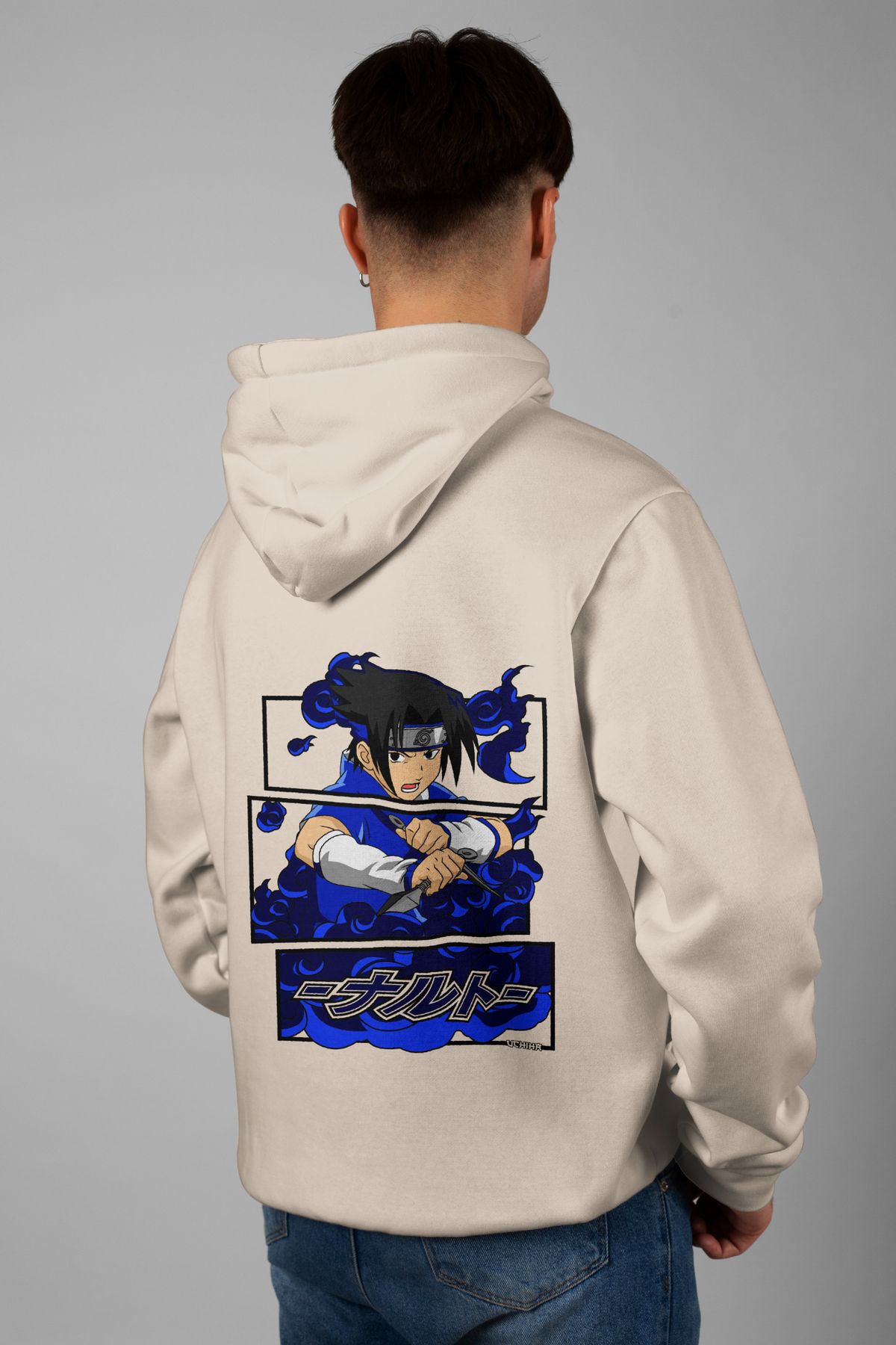 Zestia Unisex Hoodie, Sasuke Uchiha Sırt Baskılı, Regular,%100 Pamuk, Krem Renk Kapşonlu No: 0180