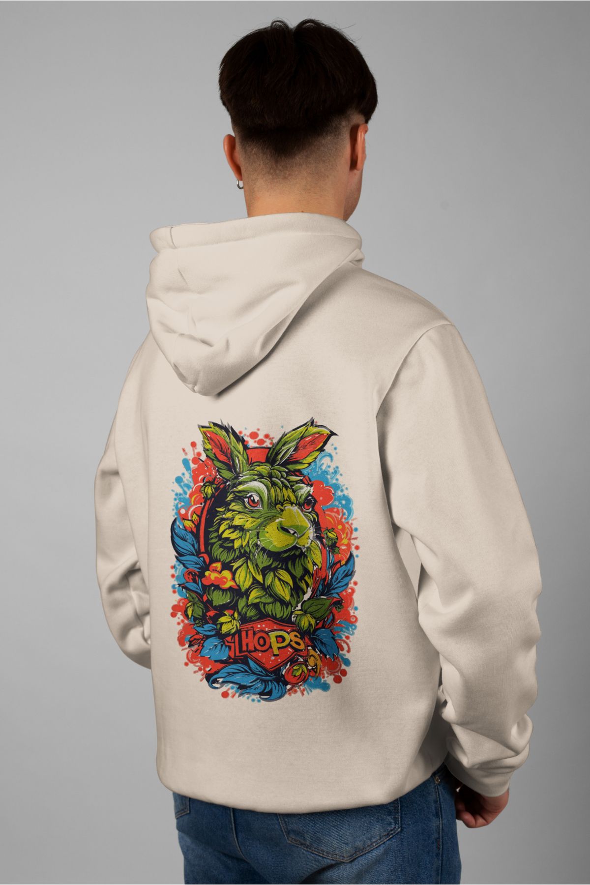 Zestia Unisex Hoodie, Tavşan Sırt Baskılı, Regular,%100 Pamuk, Krem Renk Kapşonlu No: 0055