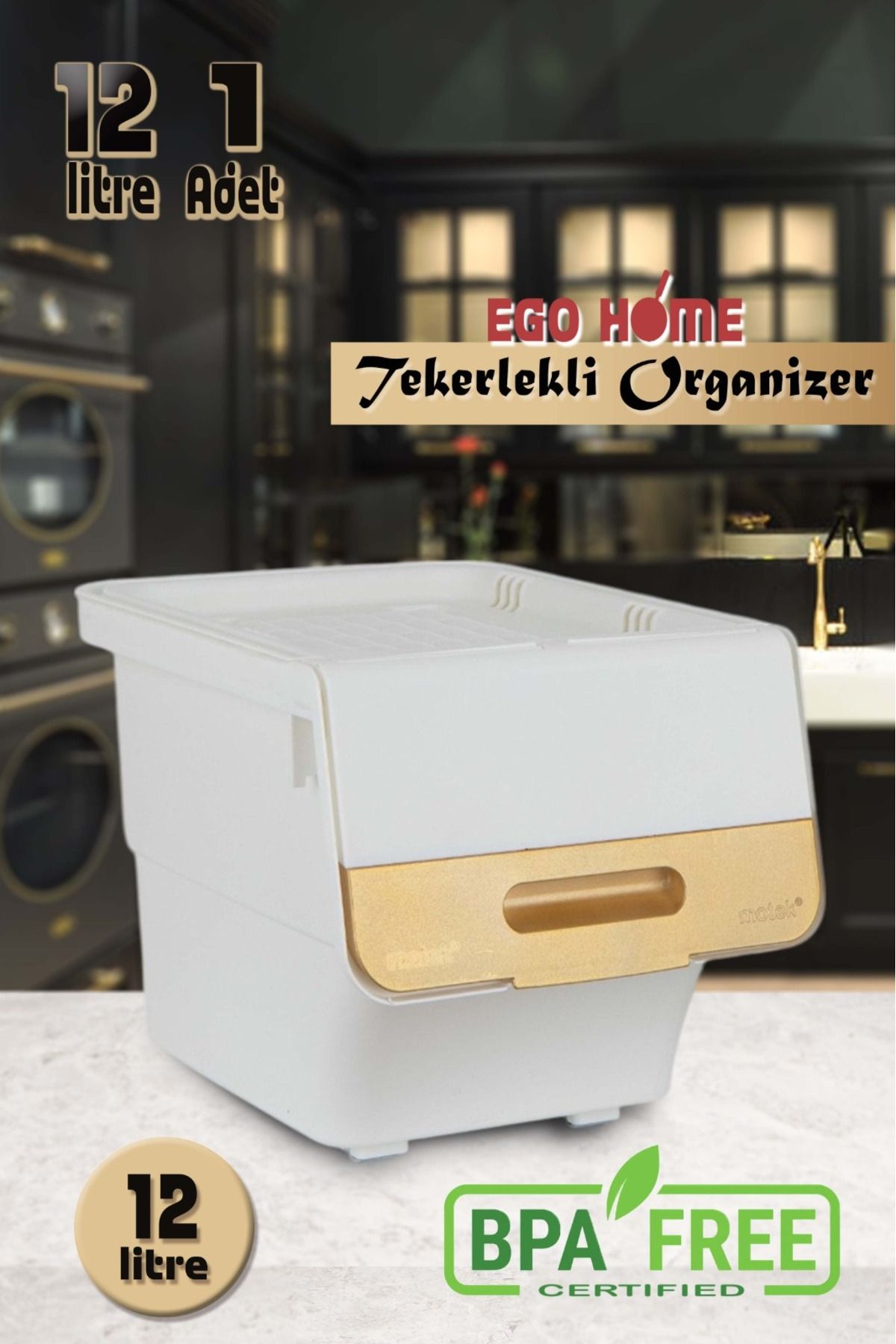 ego home Tekerlekli Patateslik Soğanlık Oyuncak Kutusu Sebzelik Patates Soğan Sepeti Motek Gold-beyaz 12 Lt