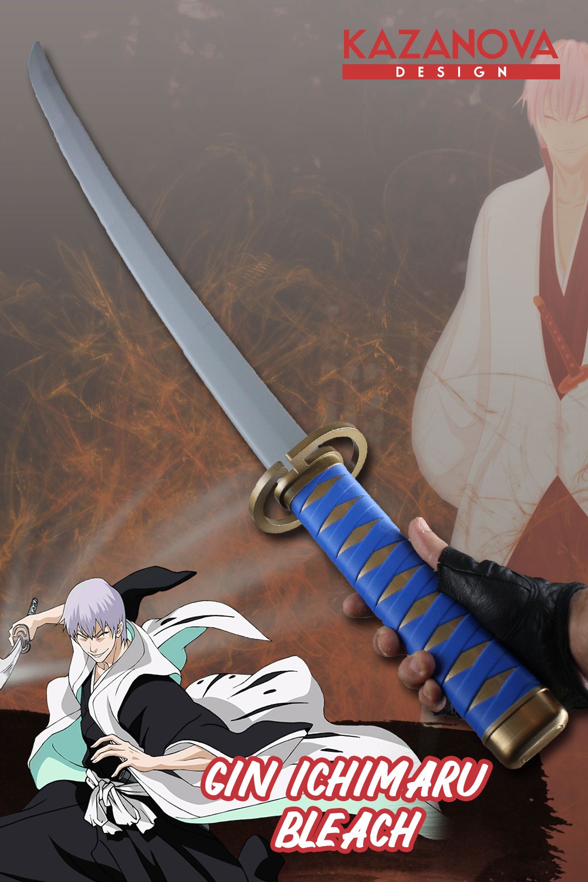 Kazanova Design Gin Ichimaru Bleach Anime Katlanabilir Katana (98 CM)