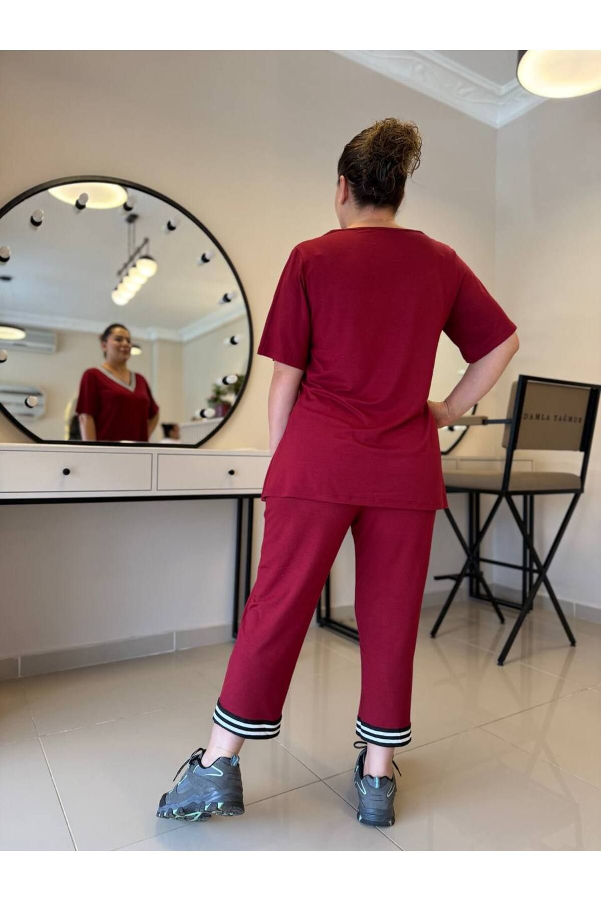 garajmood-Burgundy Stripe Detailed Large Size Bottom-Top Set with Pockets 4