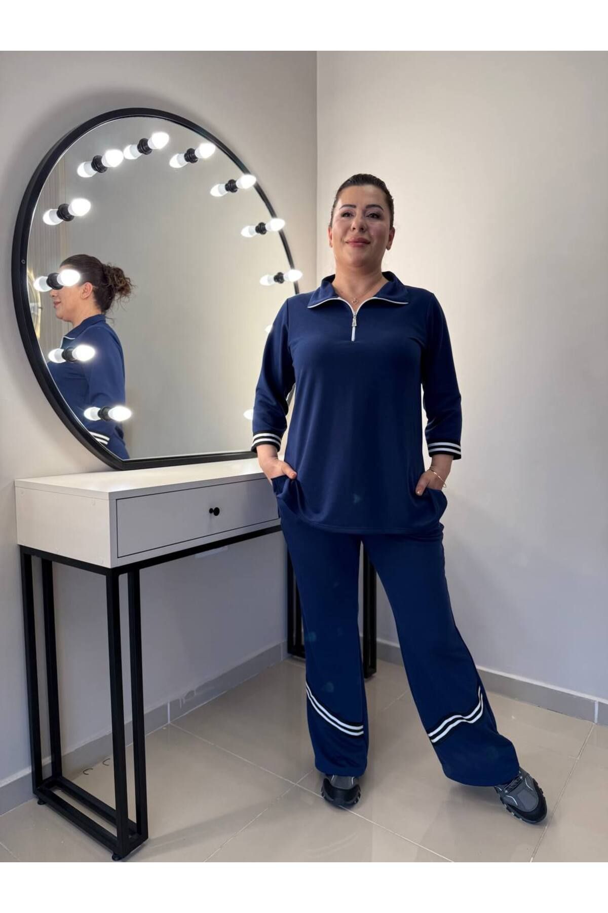 garajmood Set De Sus Și De Jos Cu Dungi Bleumarin Și Guler Cu Fermoar Femeie - 46
