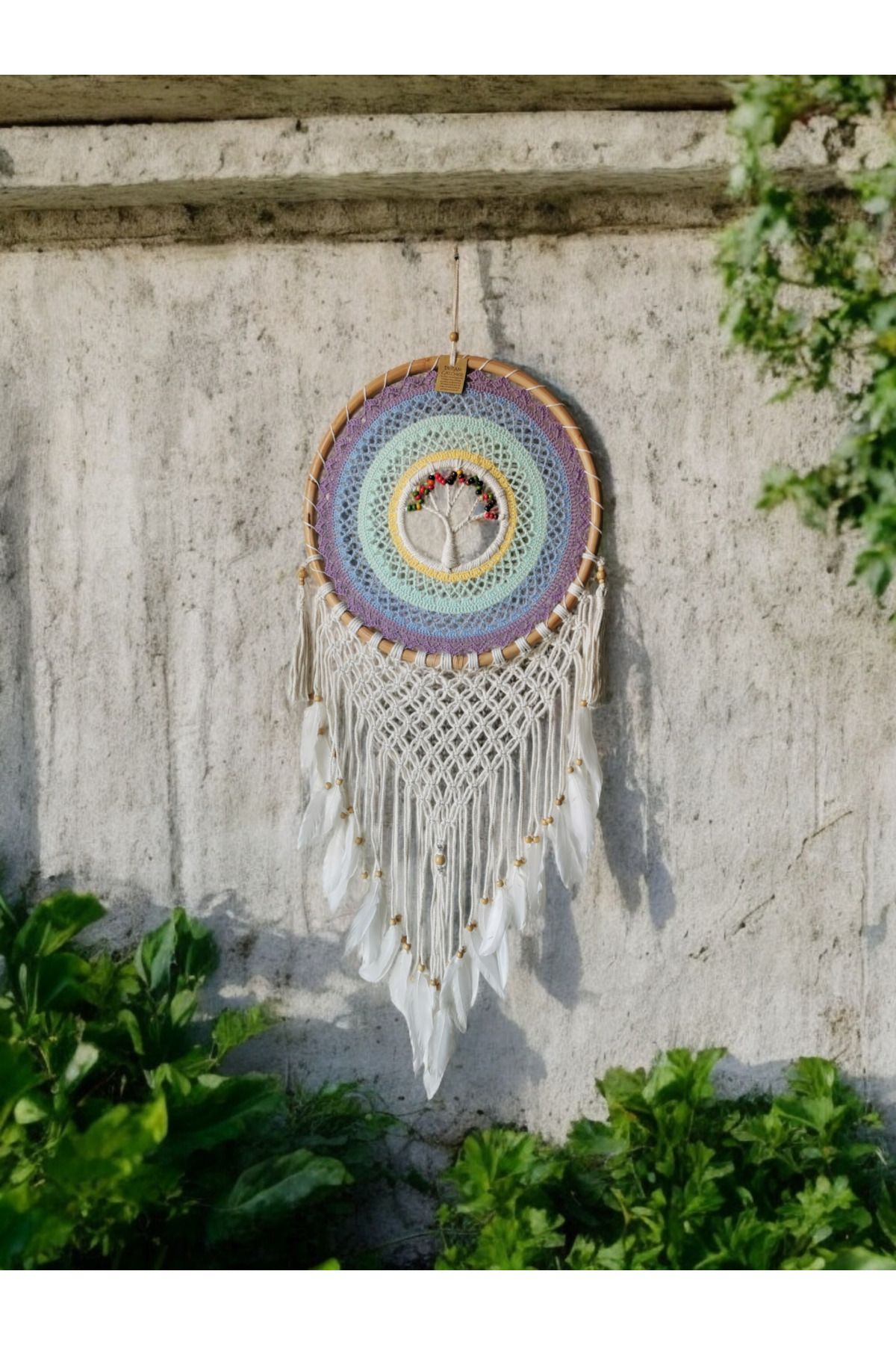 Halley Concept El Yapımı Renkli Ahşap Boncuklu Örgü Ağaç Desen Düş Kapanı Dreamcatcher 42x120 cm