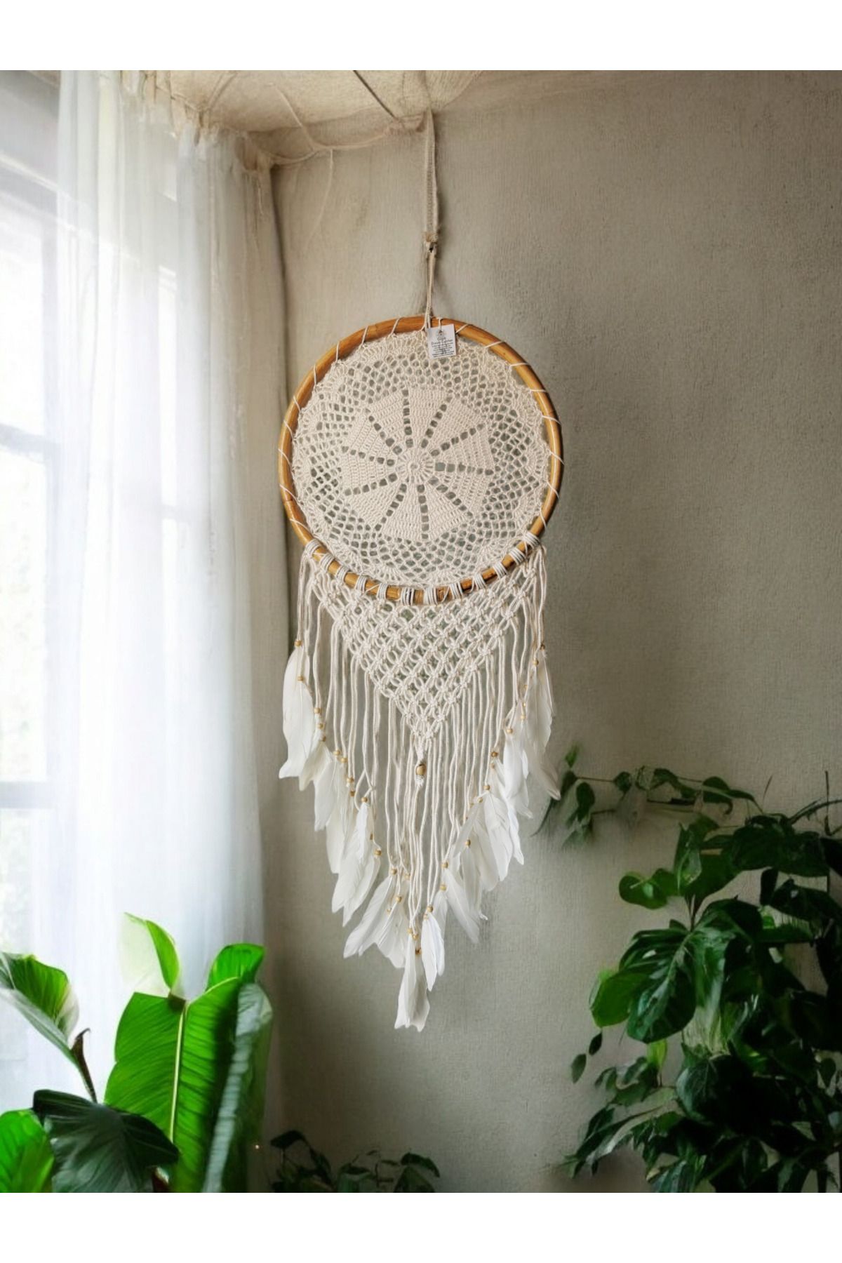 Halley Concept El Yapımı Örgü Dantel ve Kuş Tüyü Süslemeli Düş Kapanı Dreamcatcher 45x105 cm