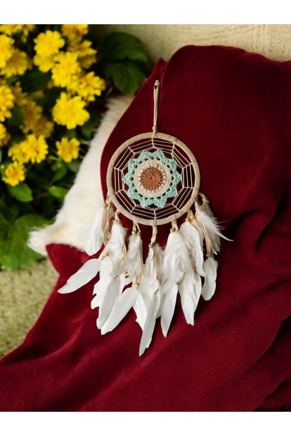 Halley Concept El Yapımı Örme Desen Kuş Tüyü Süslemeli Düş Kapanı Dreamcatcher 16x55 cm