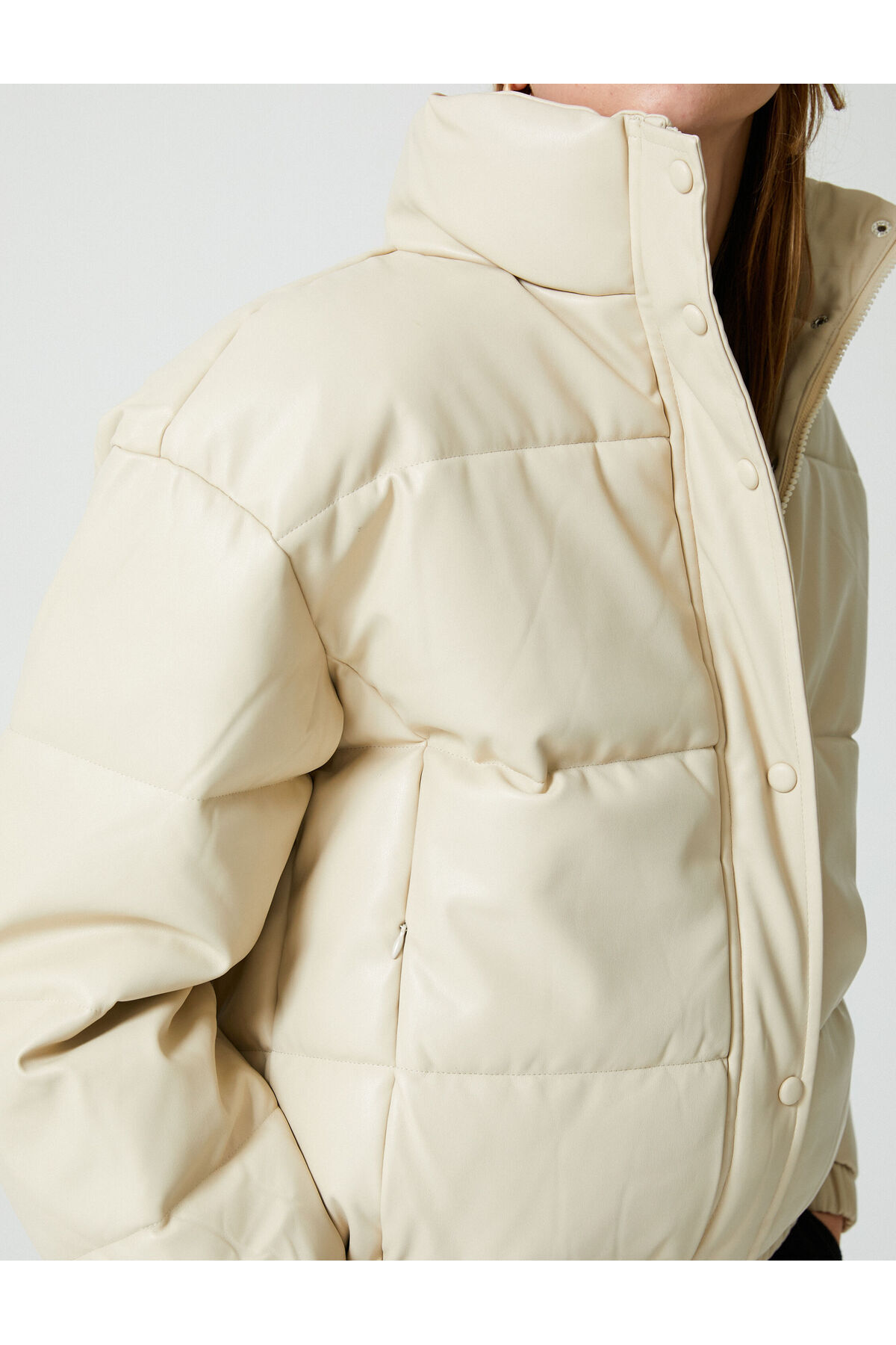 Koton Stand Collar Zippered Faux Leather Jacket with Pockets- Trendyol