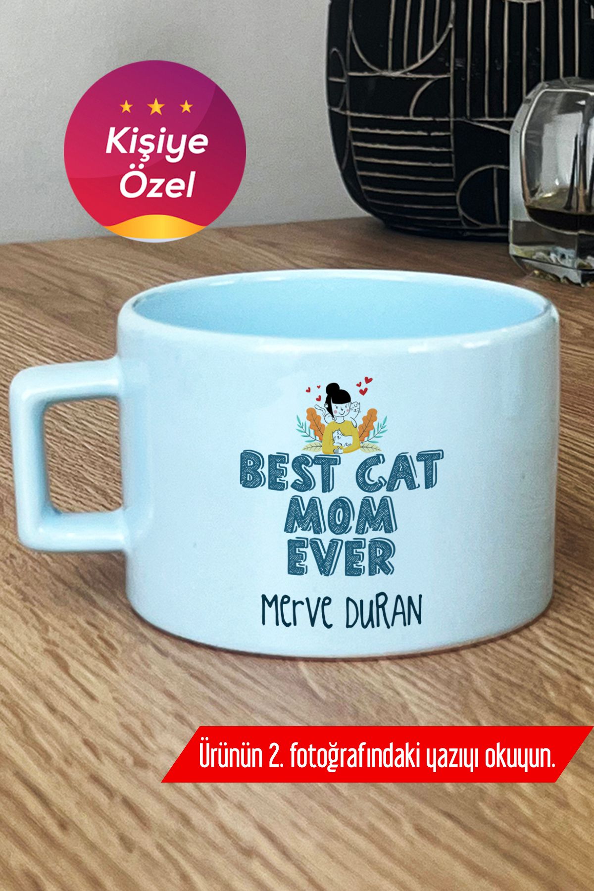 Hedizu Kişiye Özel Best Cat Mom Ever Pastel Fincan Mavi En İyi Kedi Annesi M8P G0E