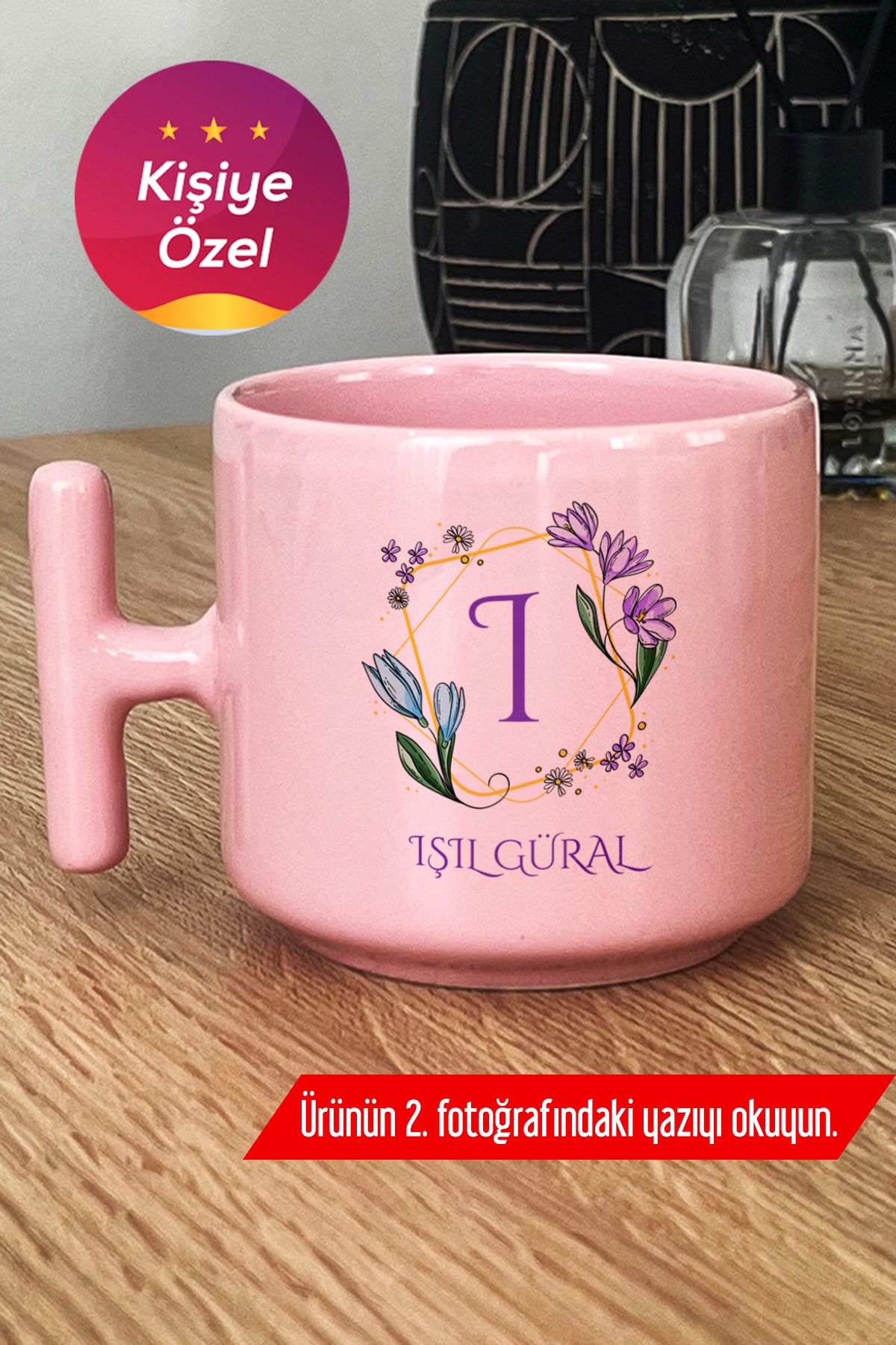 Hedizu Kişiye Özel Çiçekli I Harfli Pastel T Kulplu Kupa Bardak Pembe İsim Soyisim Yazılı H6R P3P