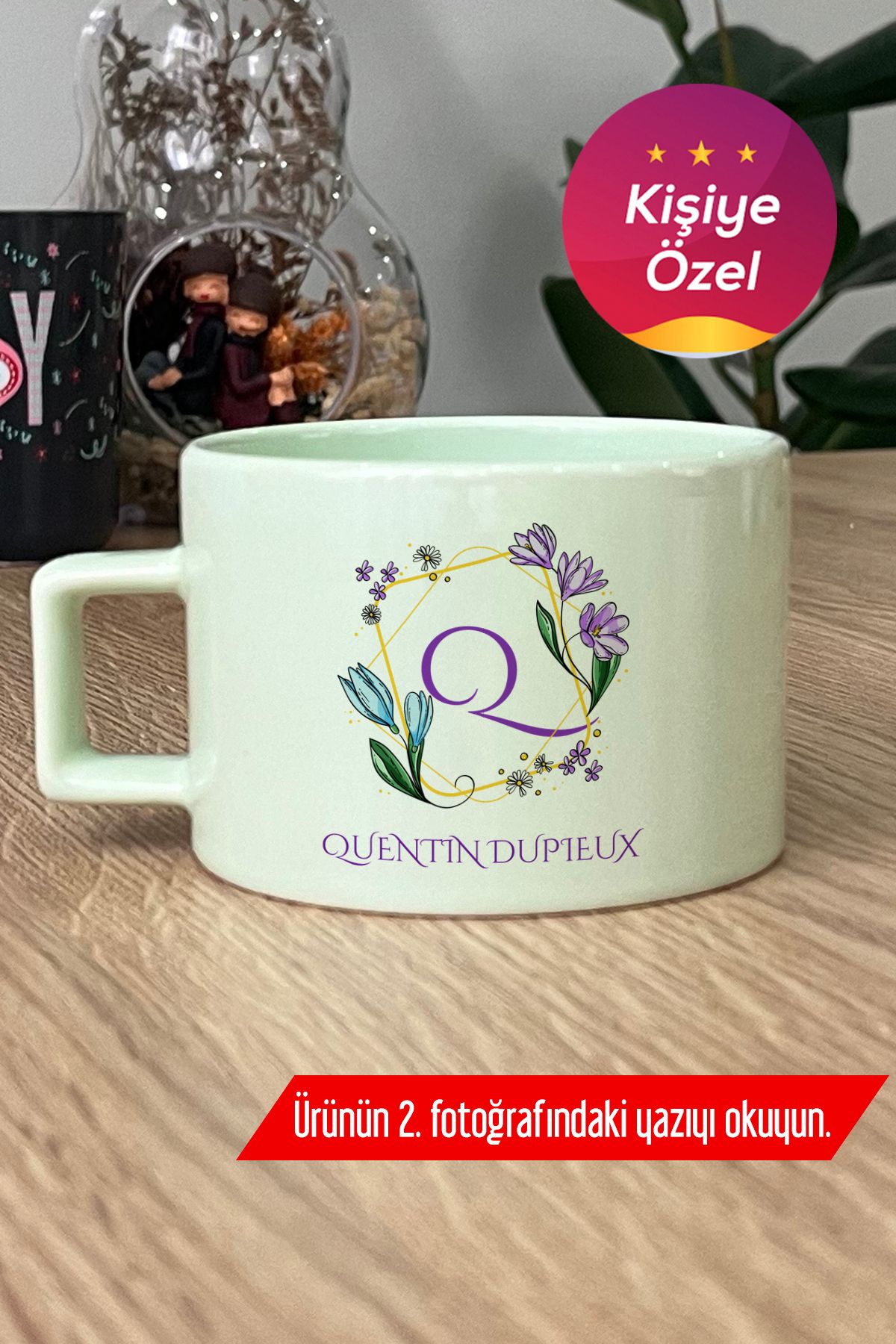 Hedizu Kişiye Özel Çiçekli Q Harfli Pastel Fincan Yeşil İsim Soyisim Yazılı Z4S X3D