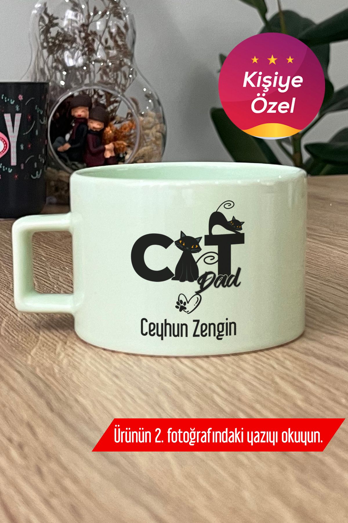 Hedizu Kişiye Özel Cat Dad Pastel Fincan Yeşil Kedi Babası -3- A2V V6W