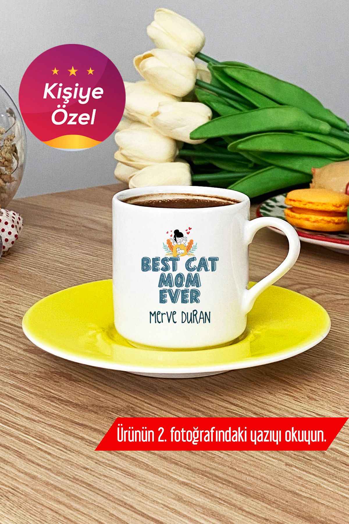 Hedizu Kişiye Özel Best Cat Mom Ever Türk Kahvesi Fincanı Sarı En İyi Kedi Annesi H9W C6X