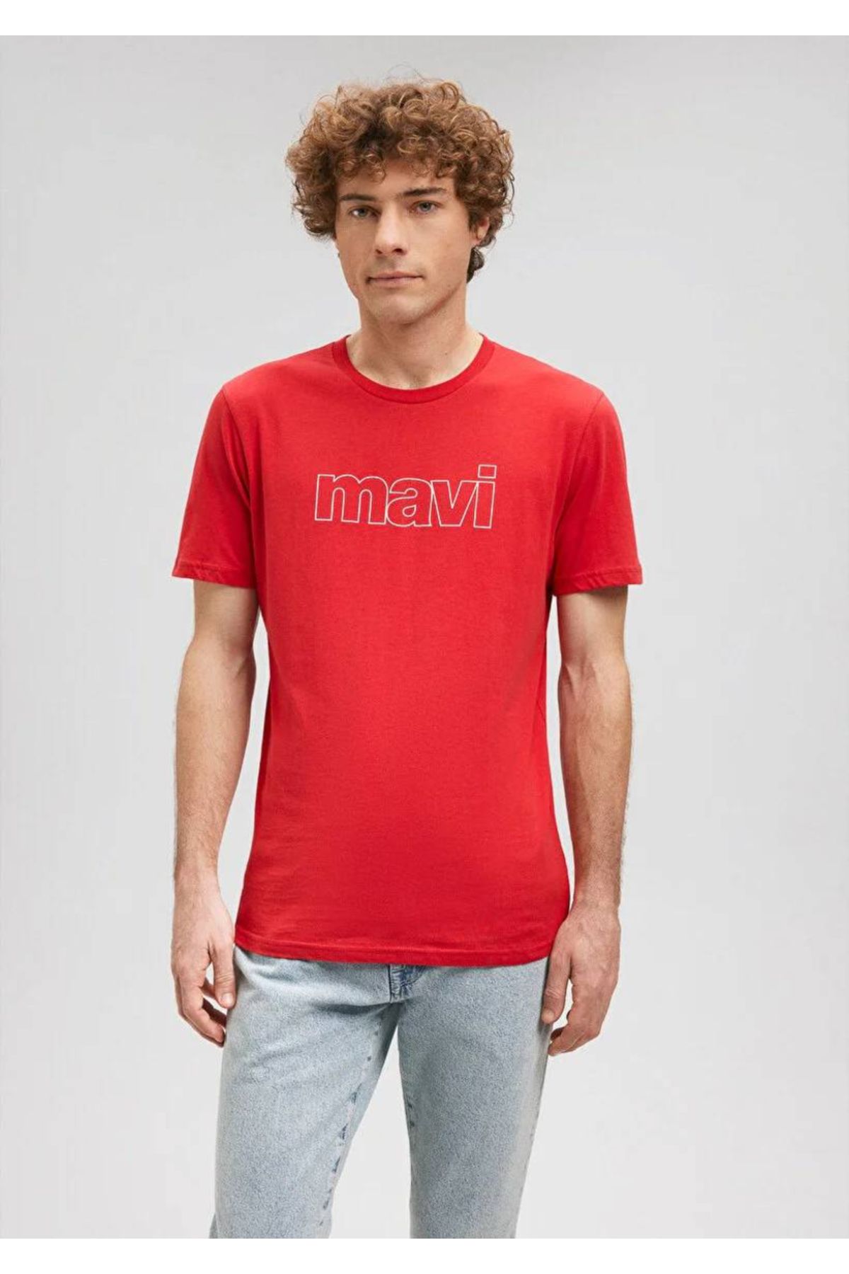Mavi-تي شيرت أحمر بقصة ضيقة مطبوع عليه شعار -065781-34535 5