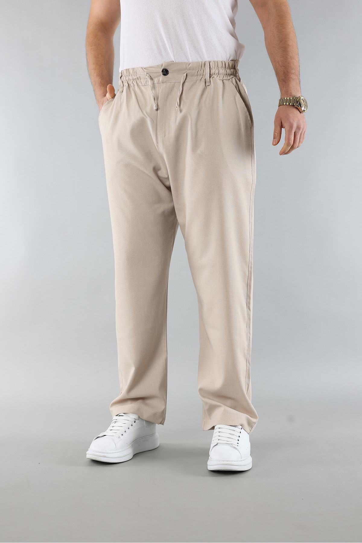 Artı1-New Season Elastic Waist and Lace-Up Quality Relaxed Fit Classic Wide Leg Baggy Pants 4
