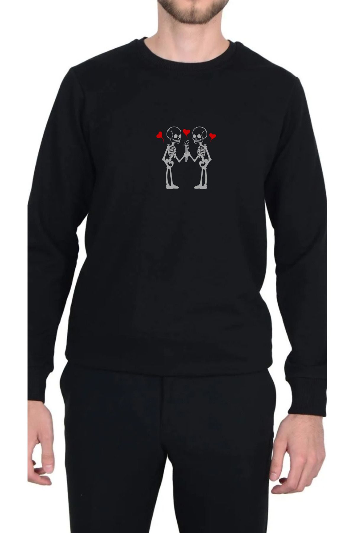 Lapaza Sevgililer Günü Özel Sweatshirt, Unisex Kalıp 2iplik İskelet Kalp Desenli Sweatshirt