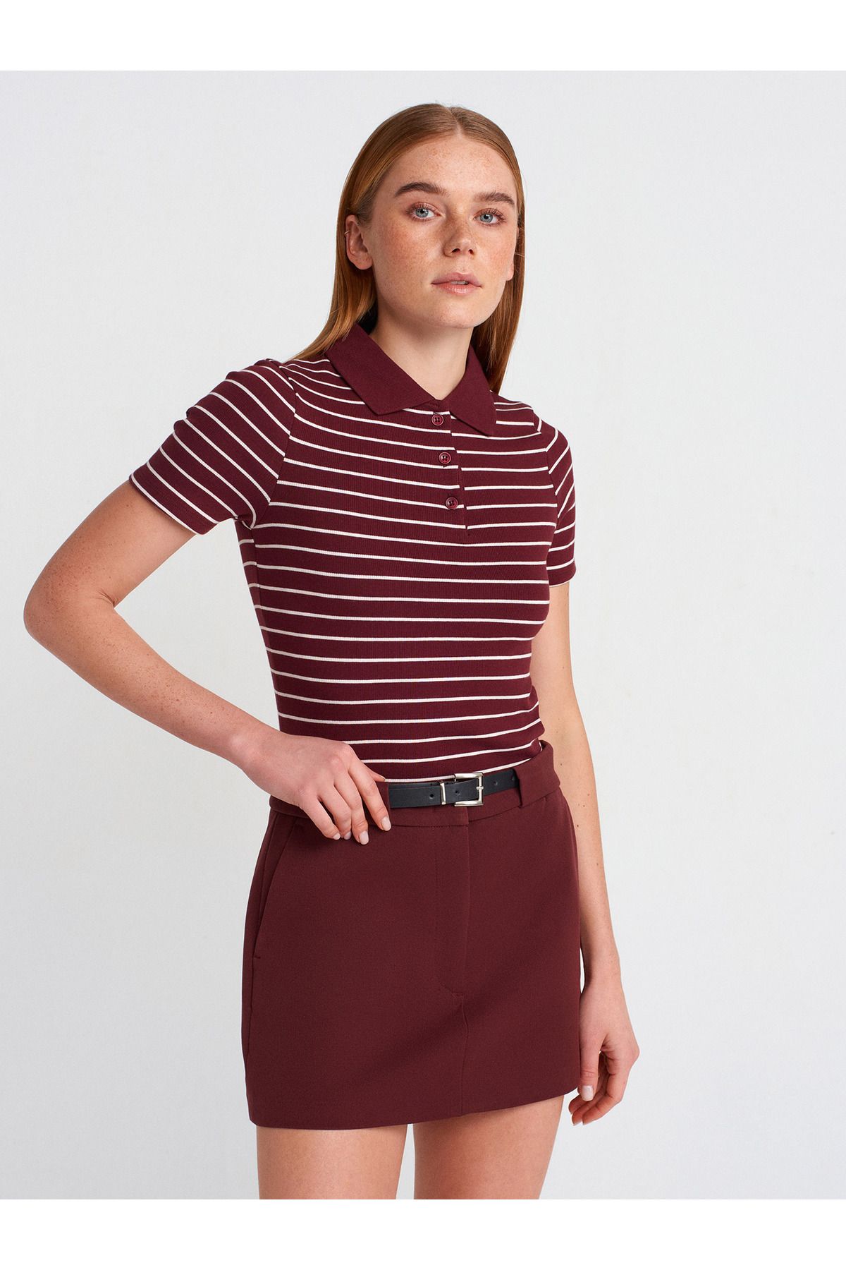 Dilvin 31464 Çizgili Polo Yaka T-shirt-Bordo-Ekru