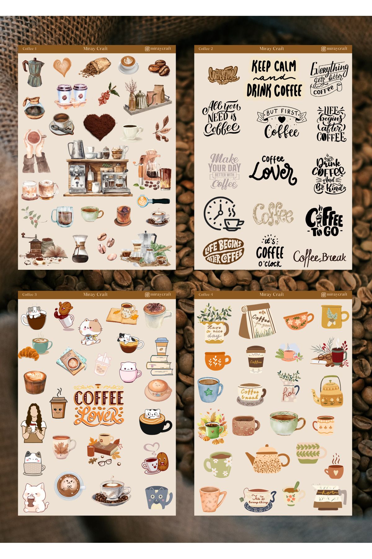 MirayDesign 4'lü Kahve Temalı 12*17 Cm Sticker Seti/ Scrapbook Bullet Journal Ajanda Planlayıcı Için