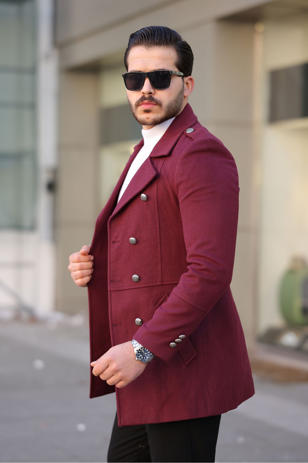 Mero Life-Men's New Season Button Detailed Slim Fit Double Breasted Lapel Burgundy Cashew Coat 2