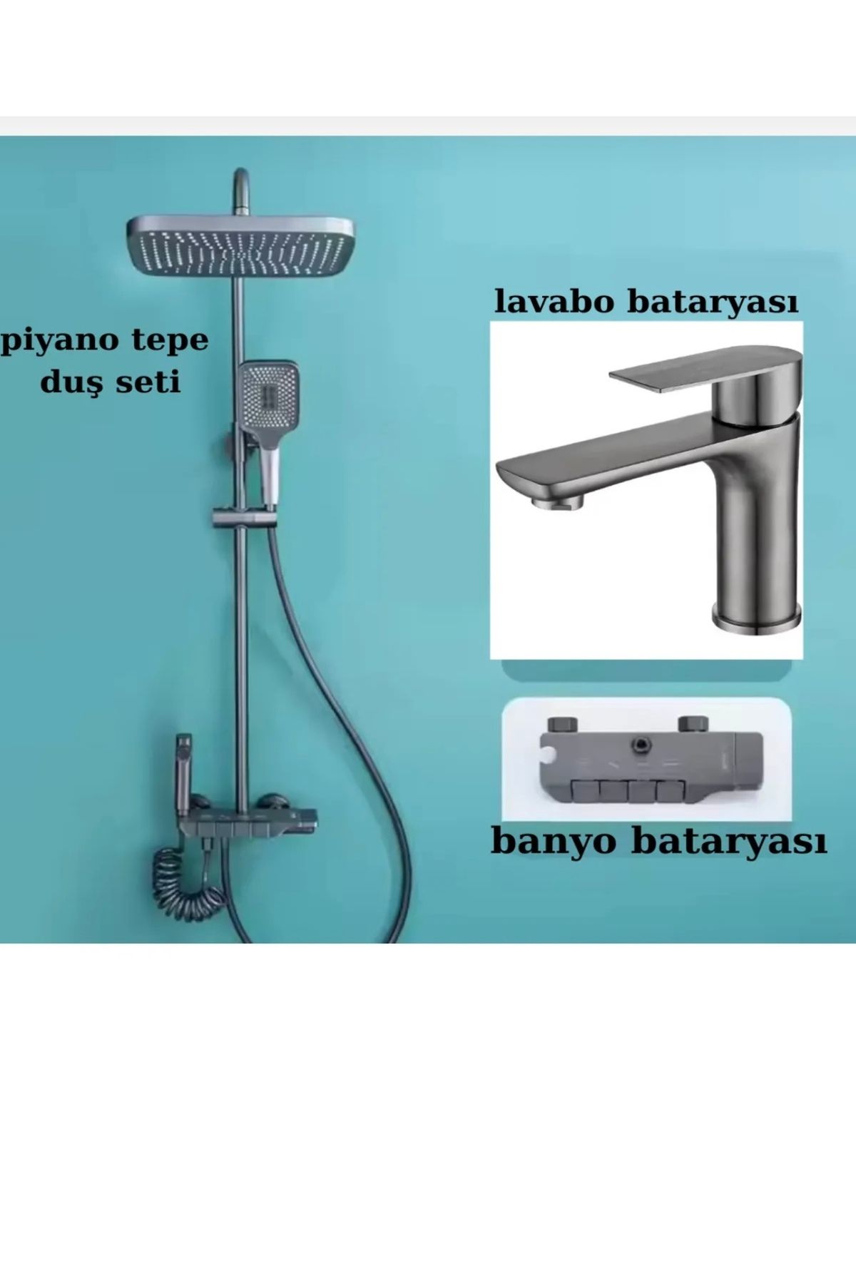 İSAOĞLU YAPI Antrasit Duş Seti Antrasit Lavabo Bataryası Antrasit Gri Set Piano Tasarım Banyo Yağmurlama