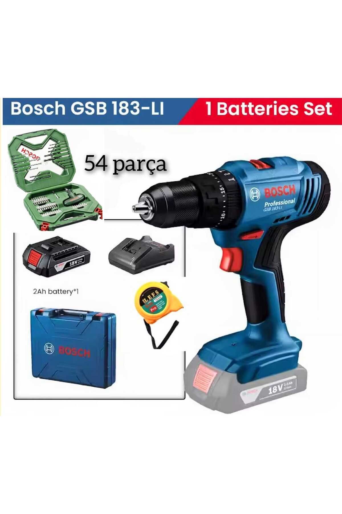 Bosch Gsb 183 Li 2 Ah Tek Bataryalı Darbeli Akülü Vidalama ve Bosch 54 Parça Uç Seti