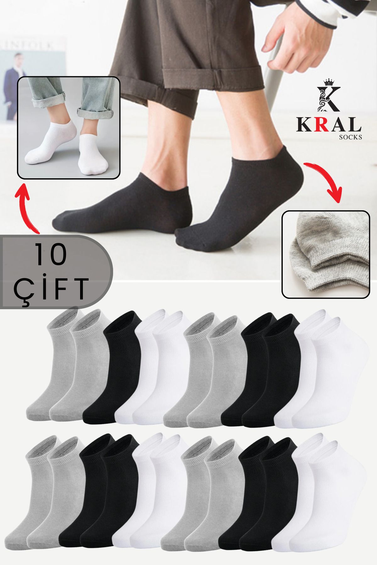 KRAL SOCKS Kadın - Erkek (10 ÇİFT ) Düz Desen Ekonomik Bilek Boy Patik Çorap