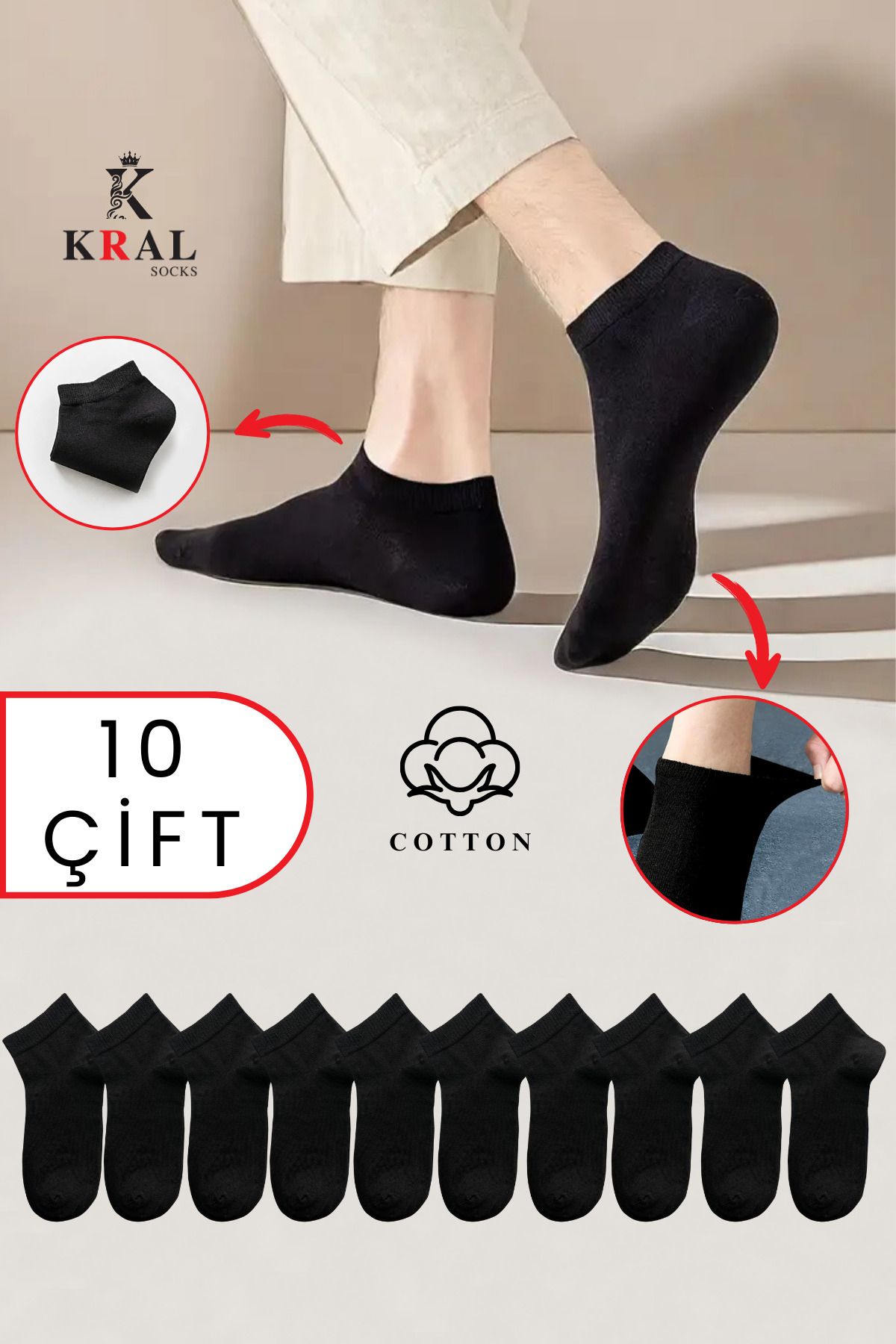 KRAL SOCKS Kadın - Erkek (10 ÇİFT ) Düz Desen Ekonomik Bilek Boy Patik Çorap