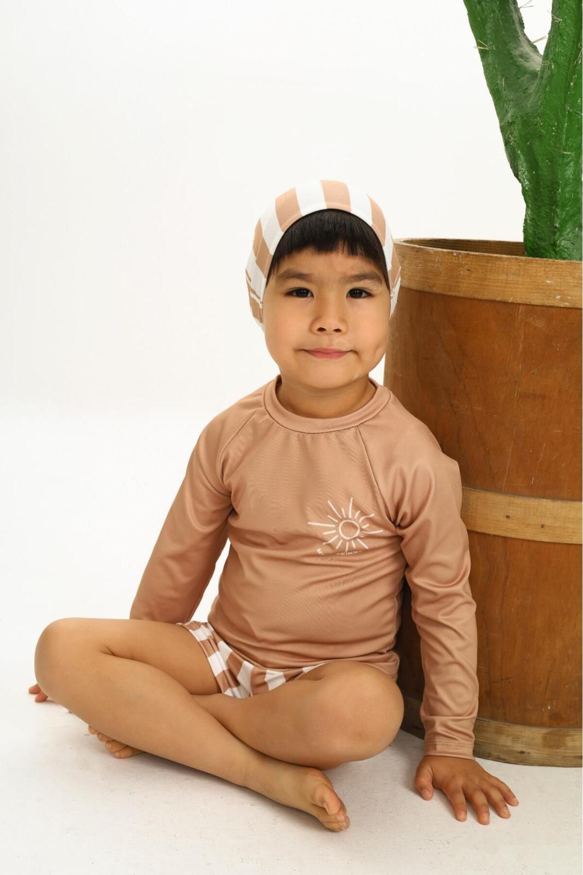 Lolliboomkids-Boys' Long Sleeve Sun Protection Boned Swimsuit Suit 3-Piece Diving Cloth Earth Color 2