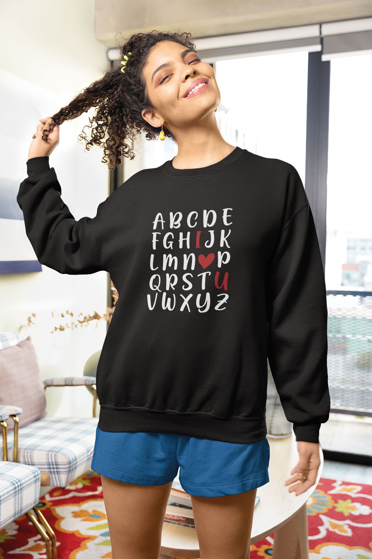 qoeuyl boutique Alfabe I Love You Baskılı Sevgiliye Hediye Sevgililer Günü %100 Pamuklu Bisiklet Yaka Sweatshirt