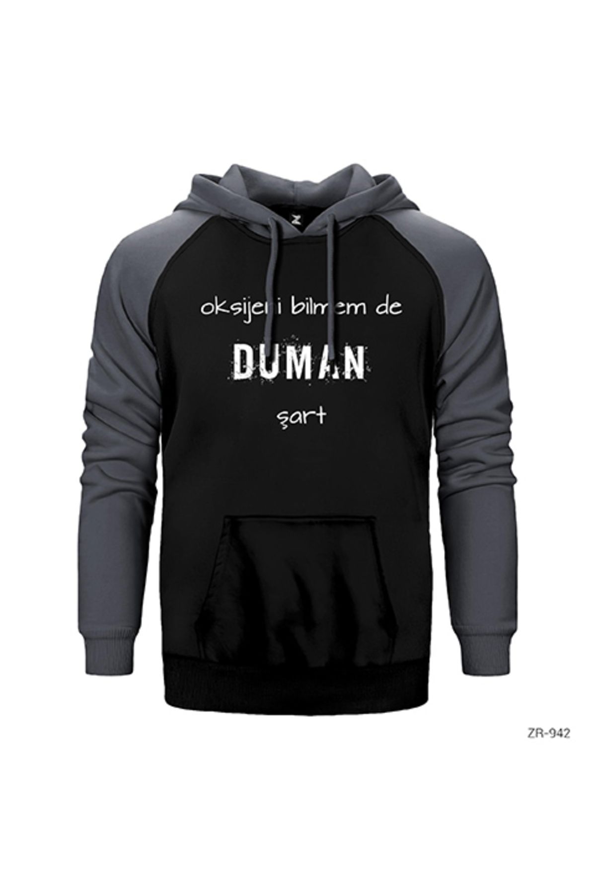 Z zepplin Duman Şart Gri Renk Reglan Kol Kapşonlu Sweatshirt