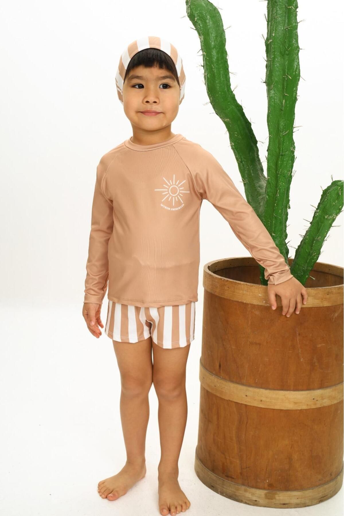 Lolliboomkids-Boys' Long Sleeve Sun Protection Boned Swimsuit Suit 3-Piece Diving Cloth Earth Color 1