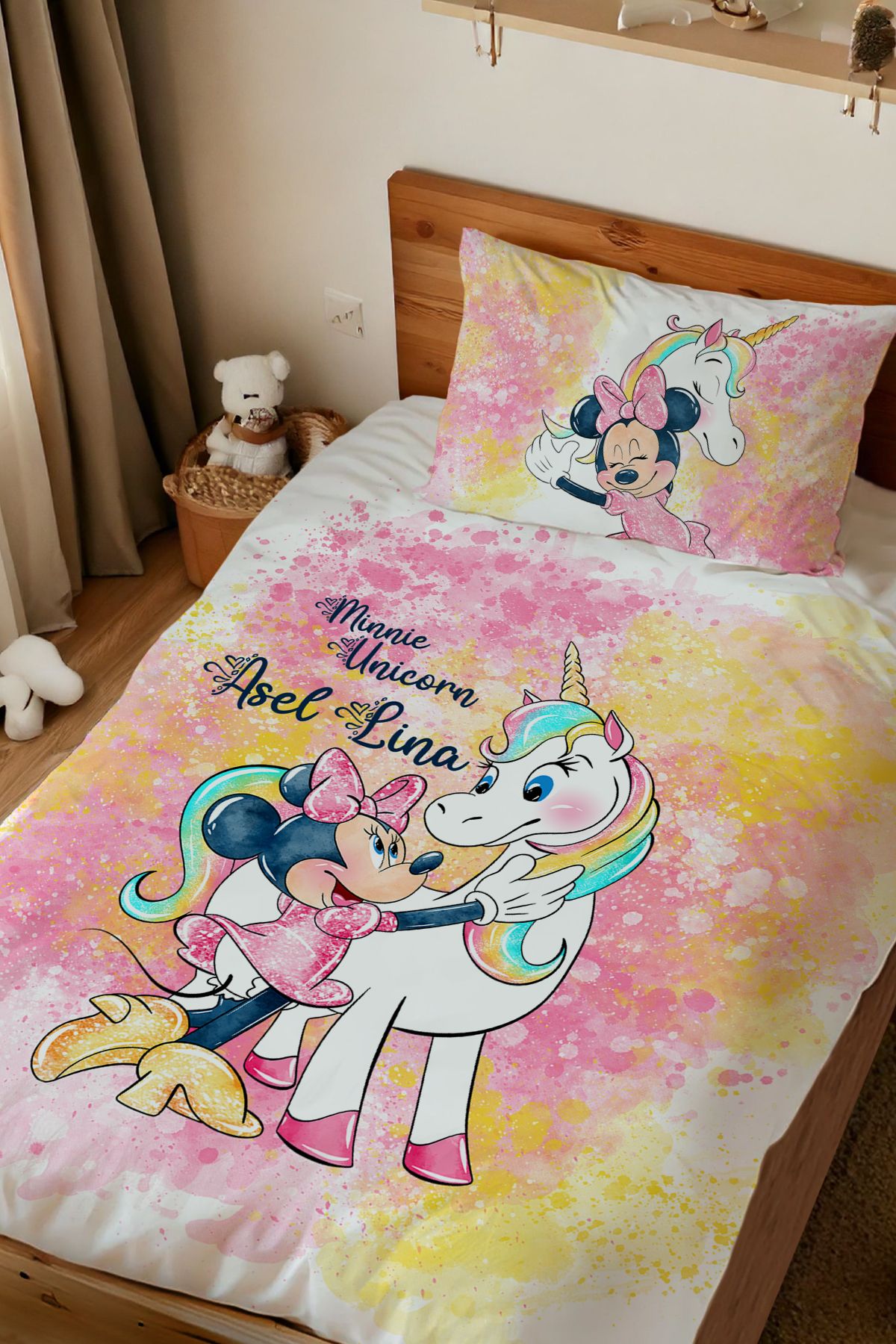 Homamia İsme Özel Baskılı %100 Pamuk Tek Kişilik Nevresim Takımı Unicorn Minnie