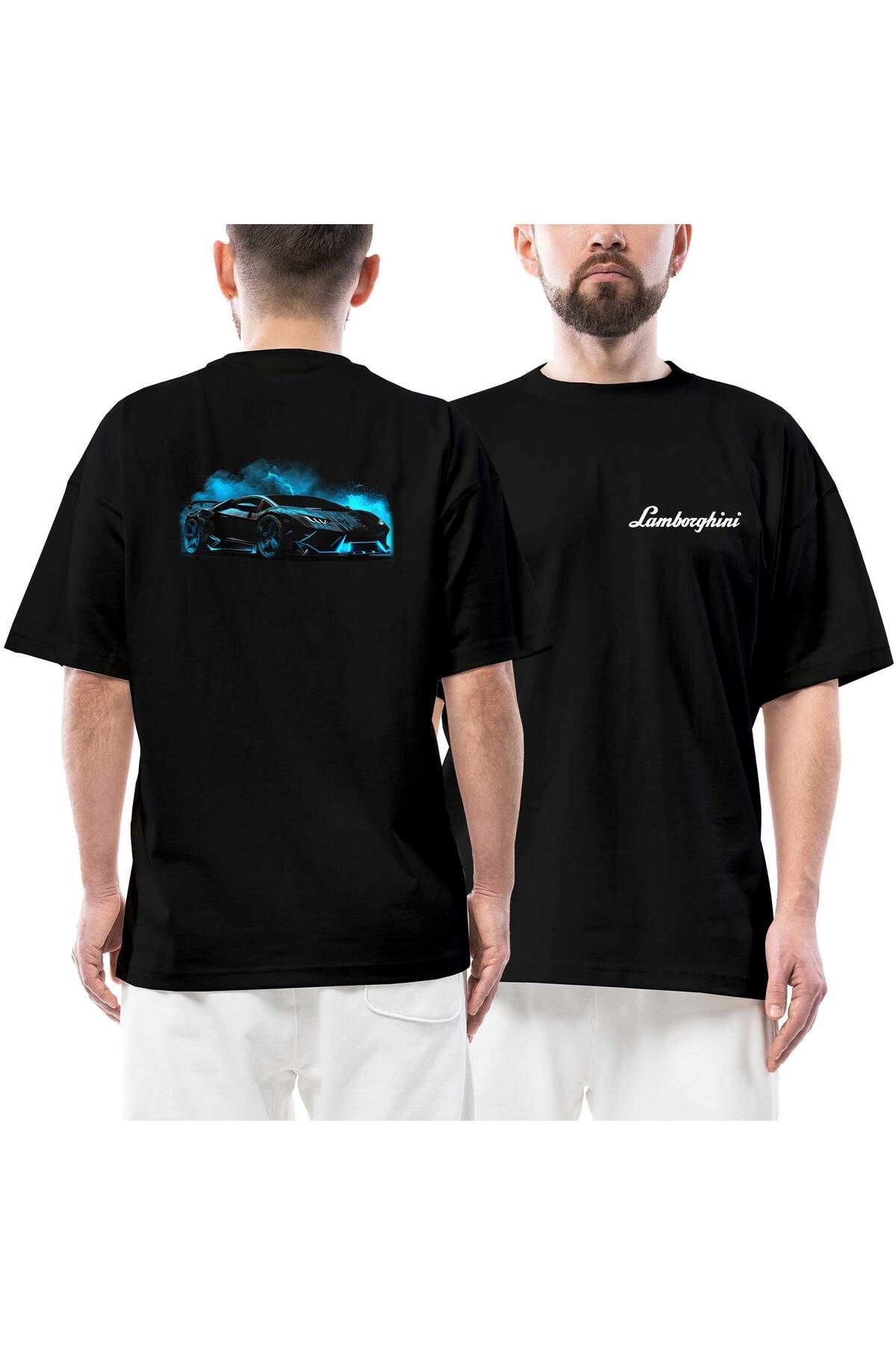 Z zepplin Lamborghni Black Neon Ön Arka Baskılı Siyah Oversize Tişört