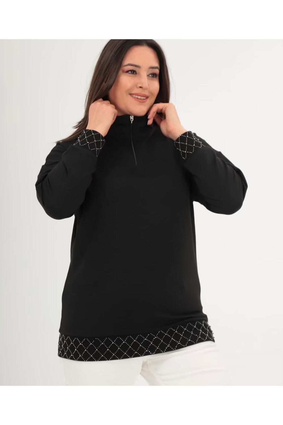 AMORE Kadın Taşlı Fermuarlı Büyük Beden Sweatshirt