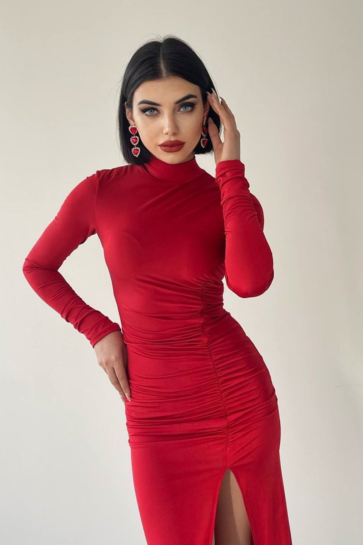 WOMAN VISION-Women's Red Stretchy Sandy Fabric Drawstring and Slit Design Midi Evening Dress 343 2