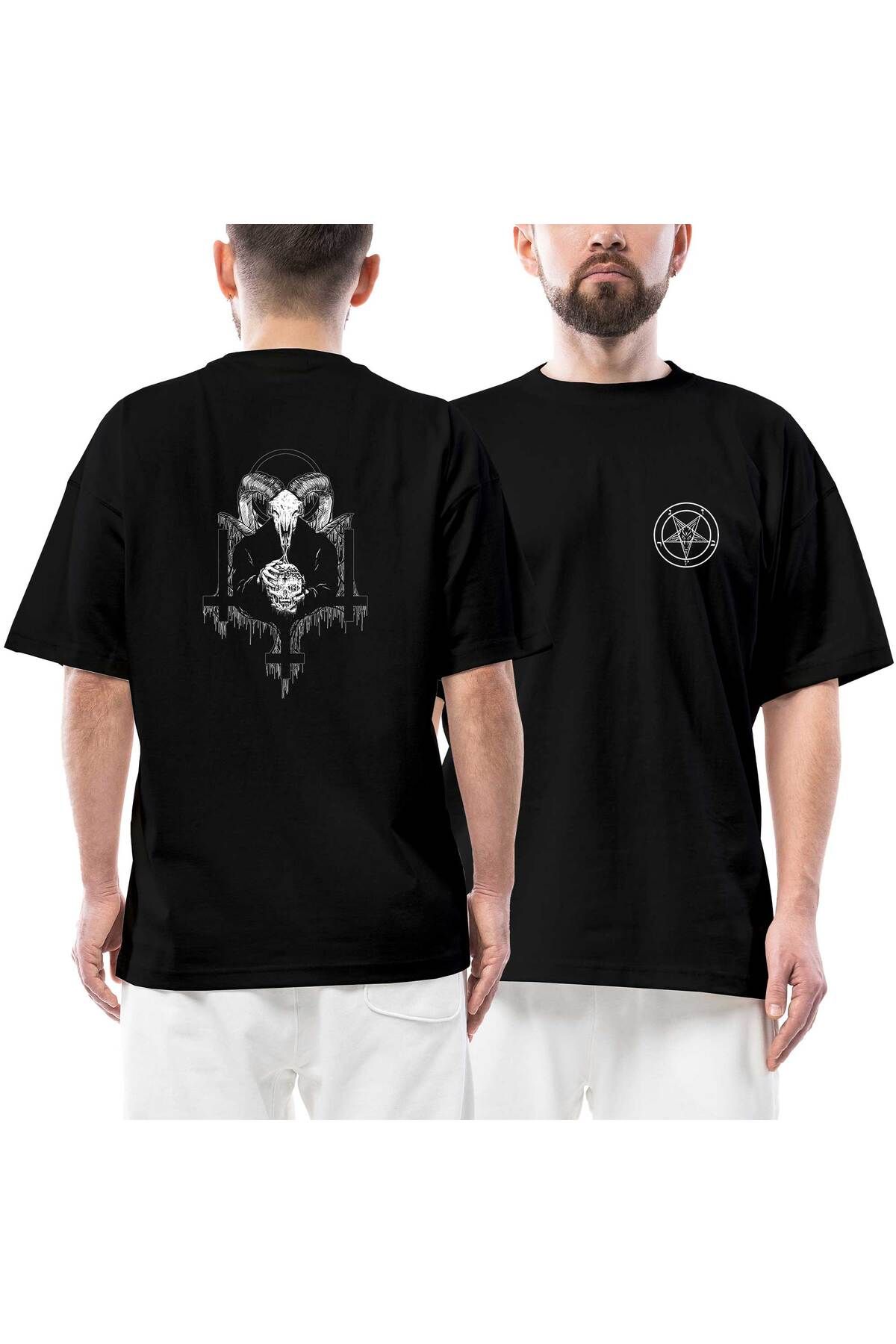 Z zepplin Baphomet Ön Arka Baskılı Siyah Oversize Tişört