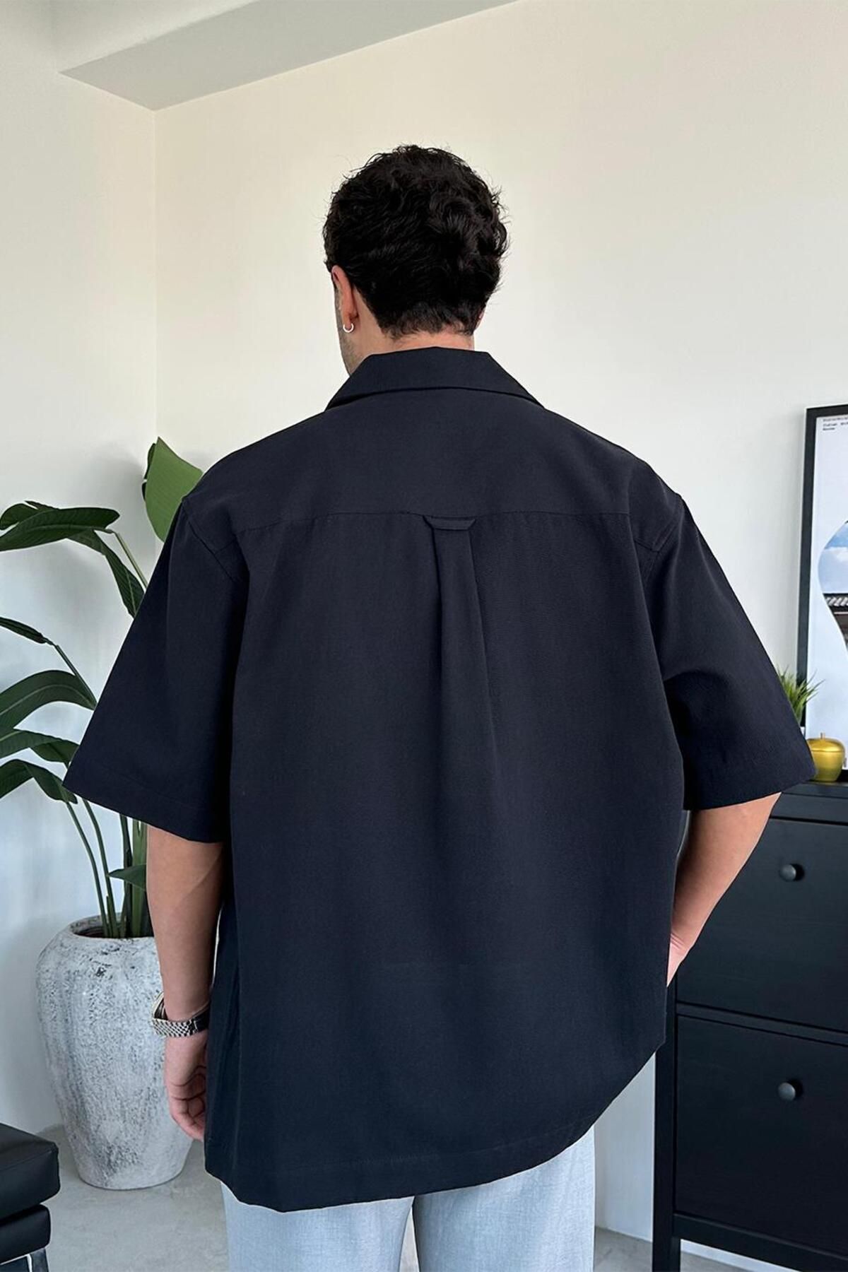 HAFKAGİYİM-Black Design Oversize Shirt with Pocket Detail 5